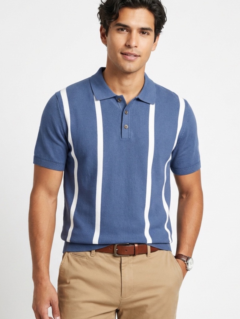 Men's Striped Knit Polo Shirt – Blue – Medium
